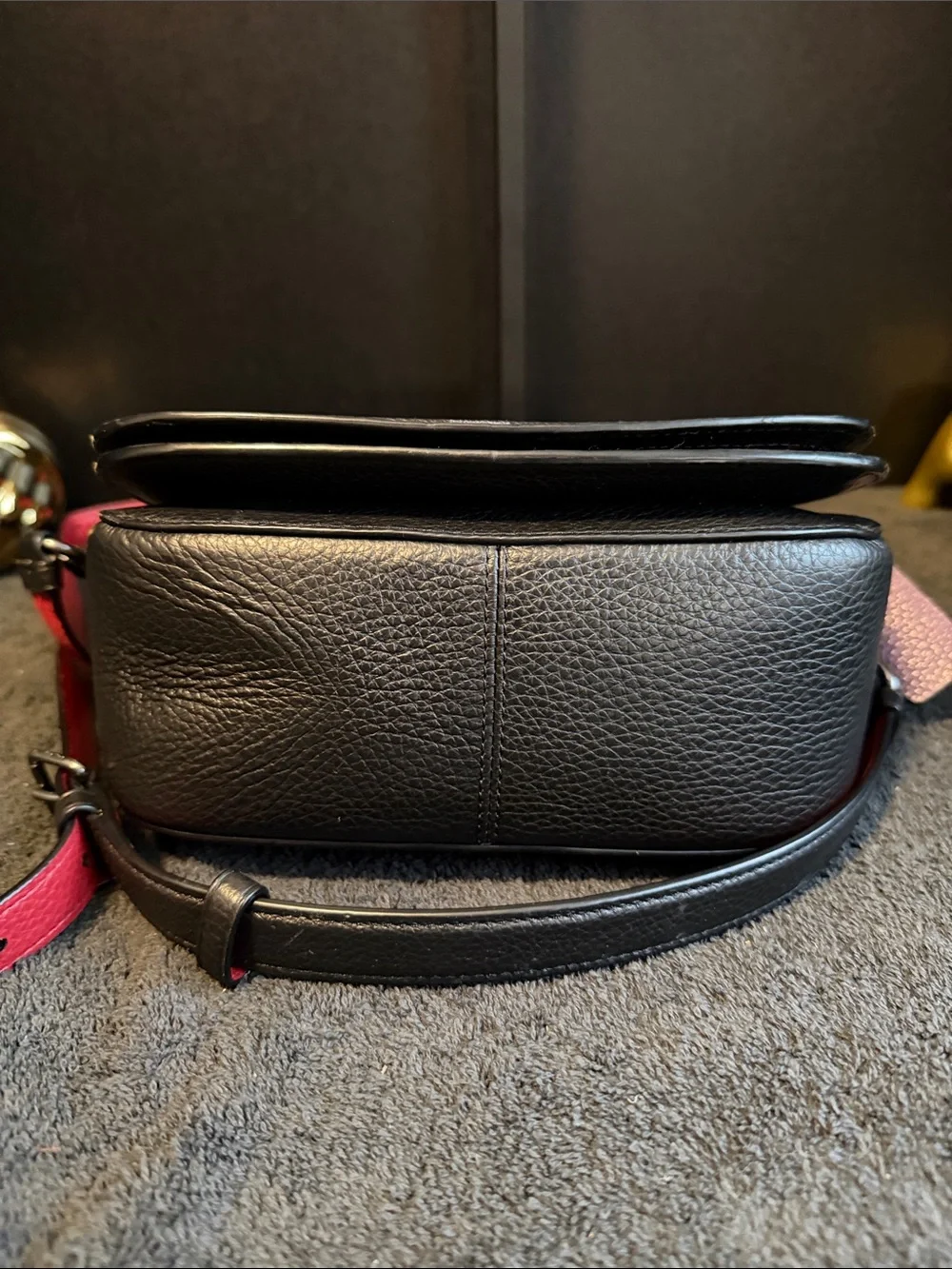 Coach Black Pebbled Leather Crossbody with Rainbow Coach Patch and Red Strap